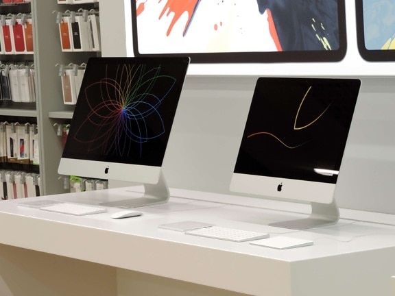 Apple počítač, zařízení, technologie, psací stůl, počítač, sledování, displej, moderní