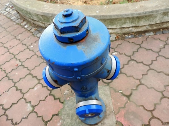 blue, cast iron, hydrant, pipe, street, equipment, outdoors, color