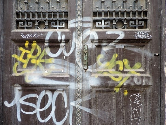 graffiti, vandalisme, muur, decoratie, deur, oude, hout, stedelijke