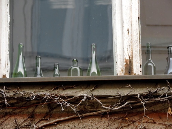 fľaša, detail, dom, staré, okno, Nástenné, opustené, drevo