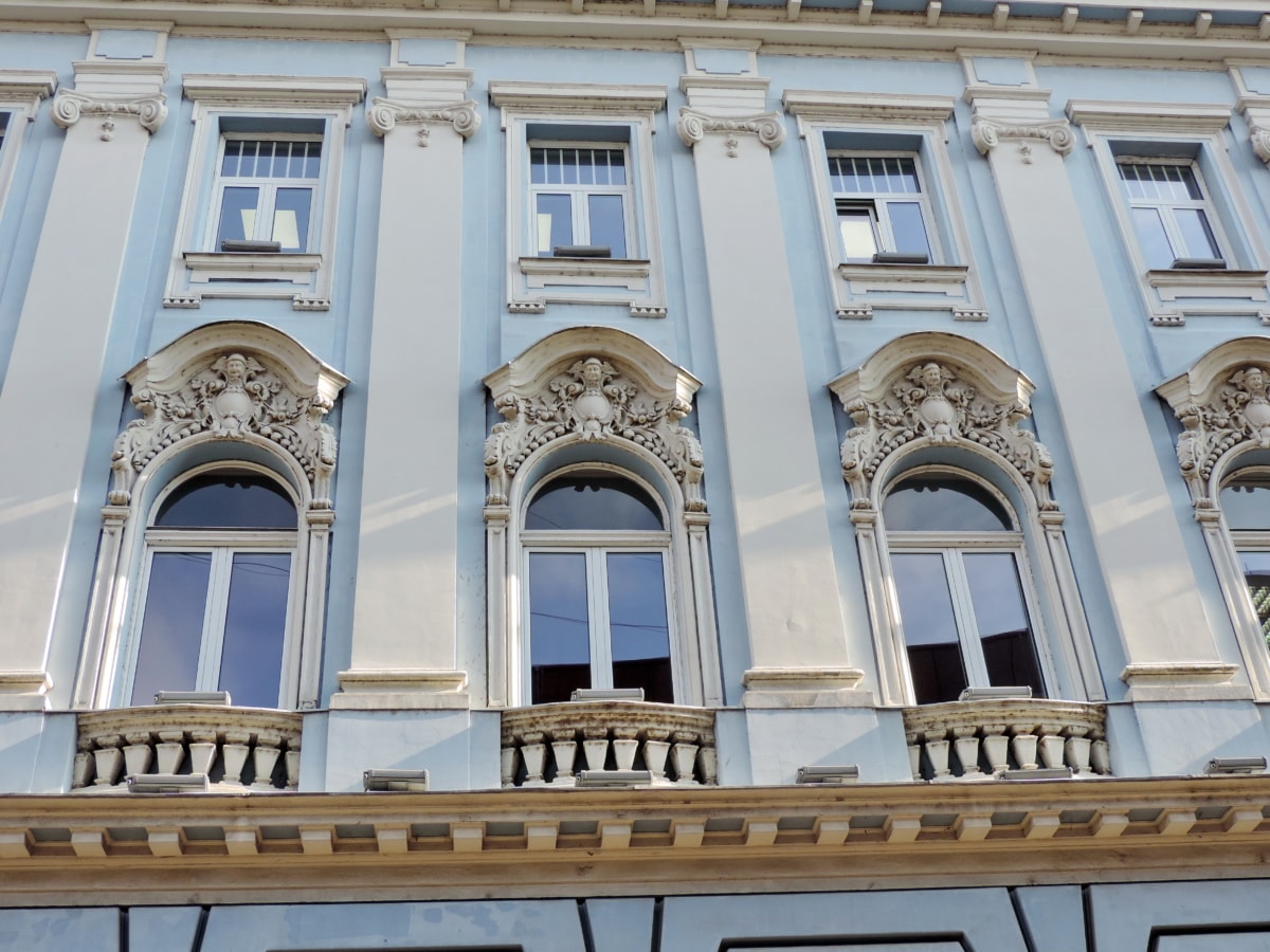 kunst, barok, blå, detaljer, historiske, vindue, facade, arkitektur