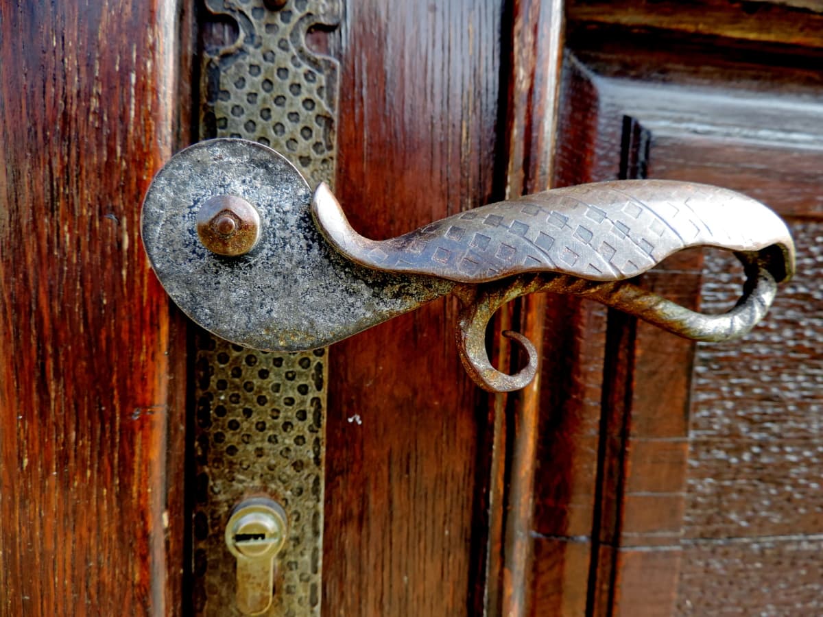 brass, gate, handmade, handle, old, wooden, door, wood