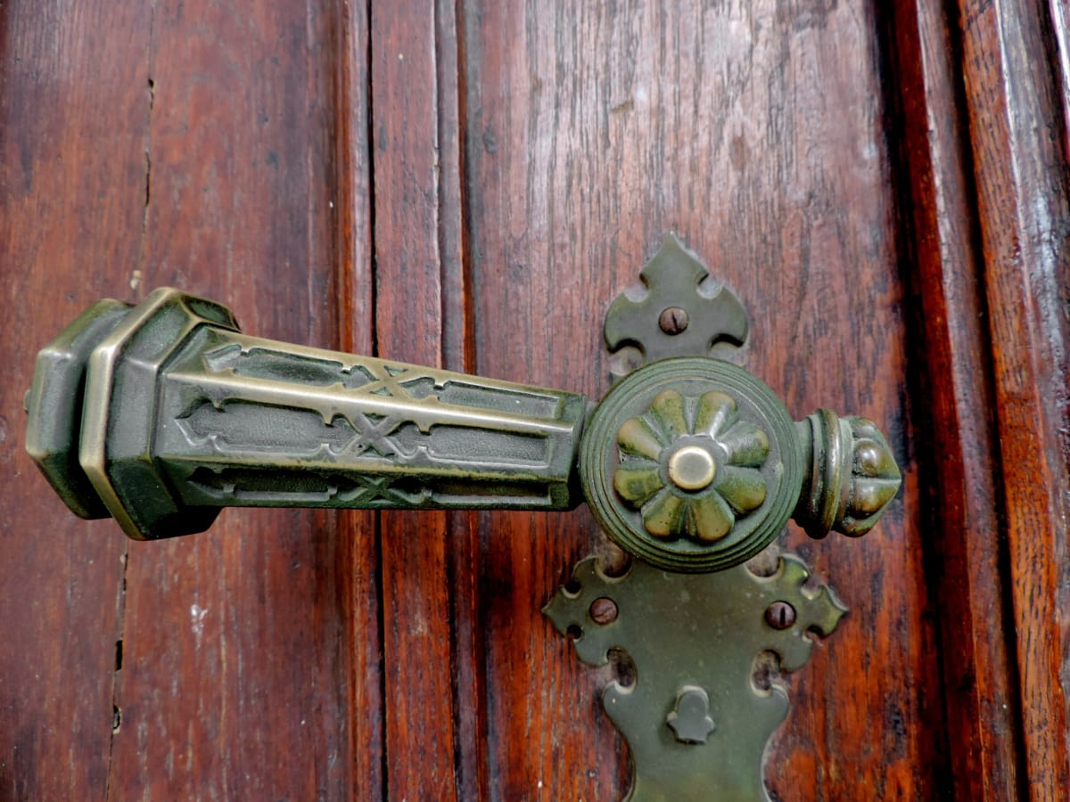 antik, sárgaréz, dekoratív, bejárati ajtó, kézzel készített, kulcslyuk, zár, ajtó