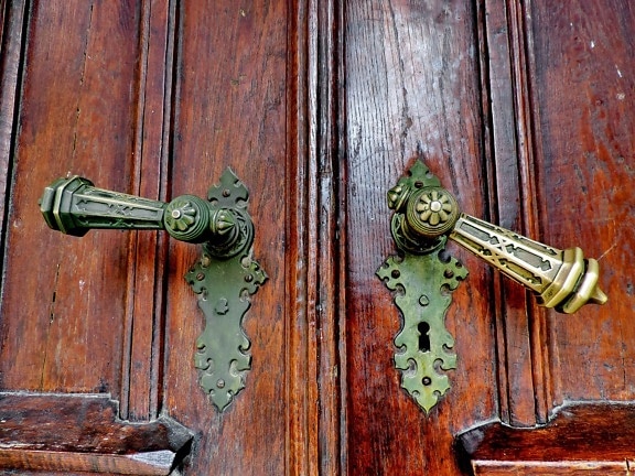 antik, Barok, Kuningan, pintu depan, lubang kunci, retro, kayu, pintu