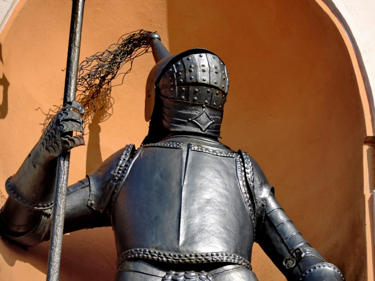 ghisa, cavaliere, medievale, scultura, scudo, armatura, spada, arma