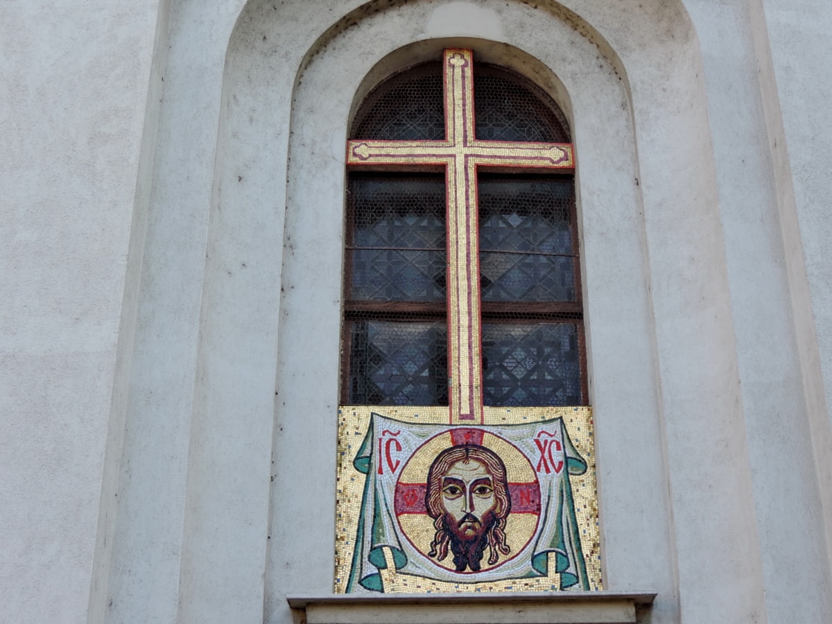 Kristus, křesťanská, křesťanství, kříž, mozaika, okno, architektura, fasáda