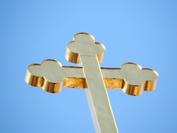 christianity, cross, crucifixion, gold, symbol, outdoors, steel, blue sky