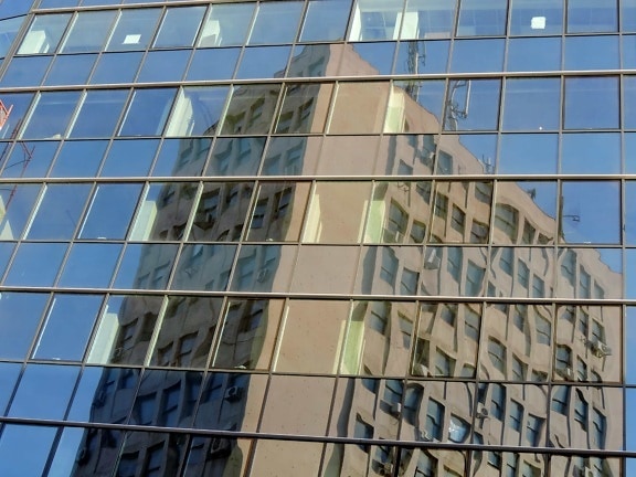 perspectiva, reflexão, negócios, arranha-céu, edifício, moderna, janela, centro da cidade