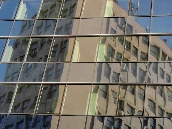 futurista, moderna, reflexão, janela, edifício, escritório, negócios, arranha-céu