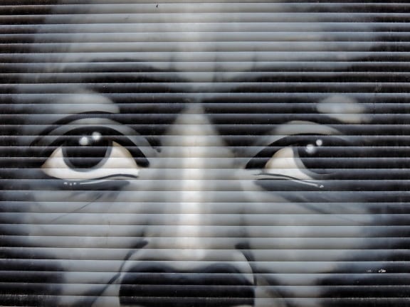 svart-hvitt, øye, øyeeplet, øyevipper, Graffiti, person, stående, stål