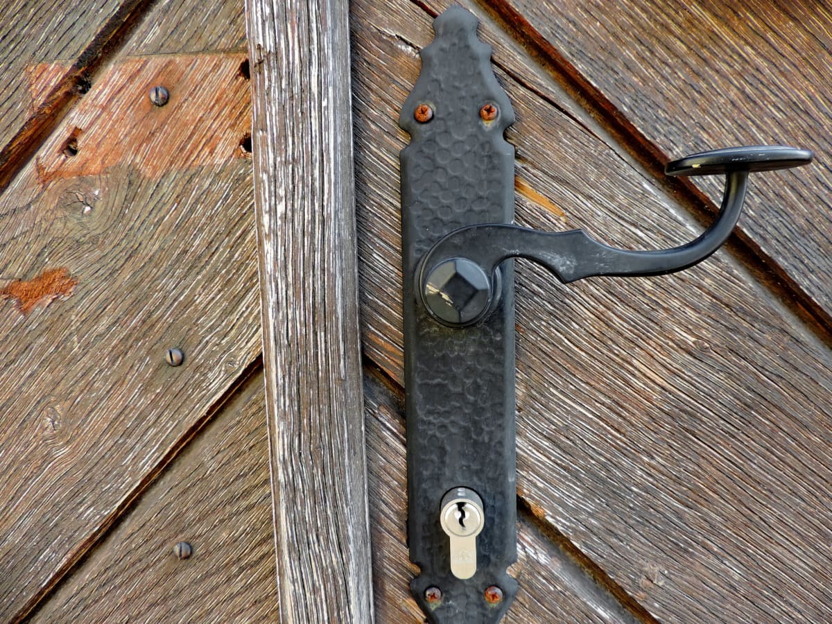 besi cor, pintu depan, lubang kunci, menangkap, pengikat, lama, kayu, kayu