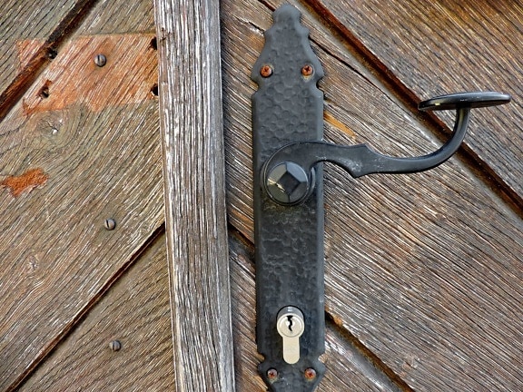 hierro fundido, puerta de entrada, ojo de la cerradura, captura, sujetador de, antiguo, madera, madera