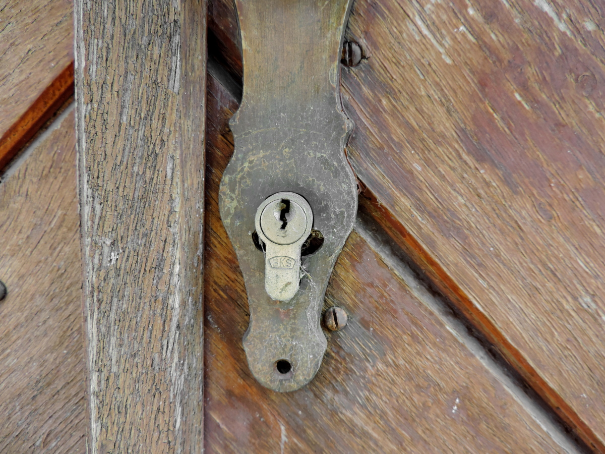 carpenteria, porta d'ingresso, buco della serratura, foro, dispositivo di chiusura, in legno, vecchio, dispositivo di fissaggio
