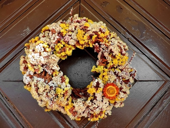 front door, still life, colorful flower wreath, upclose, chocolate, decoration, color, traditional