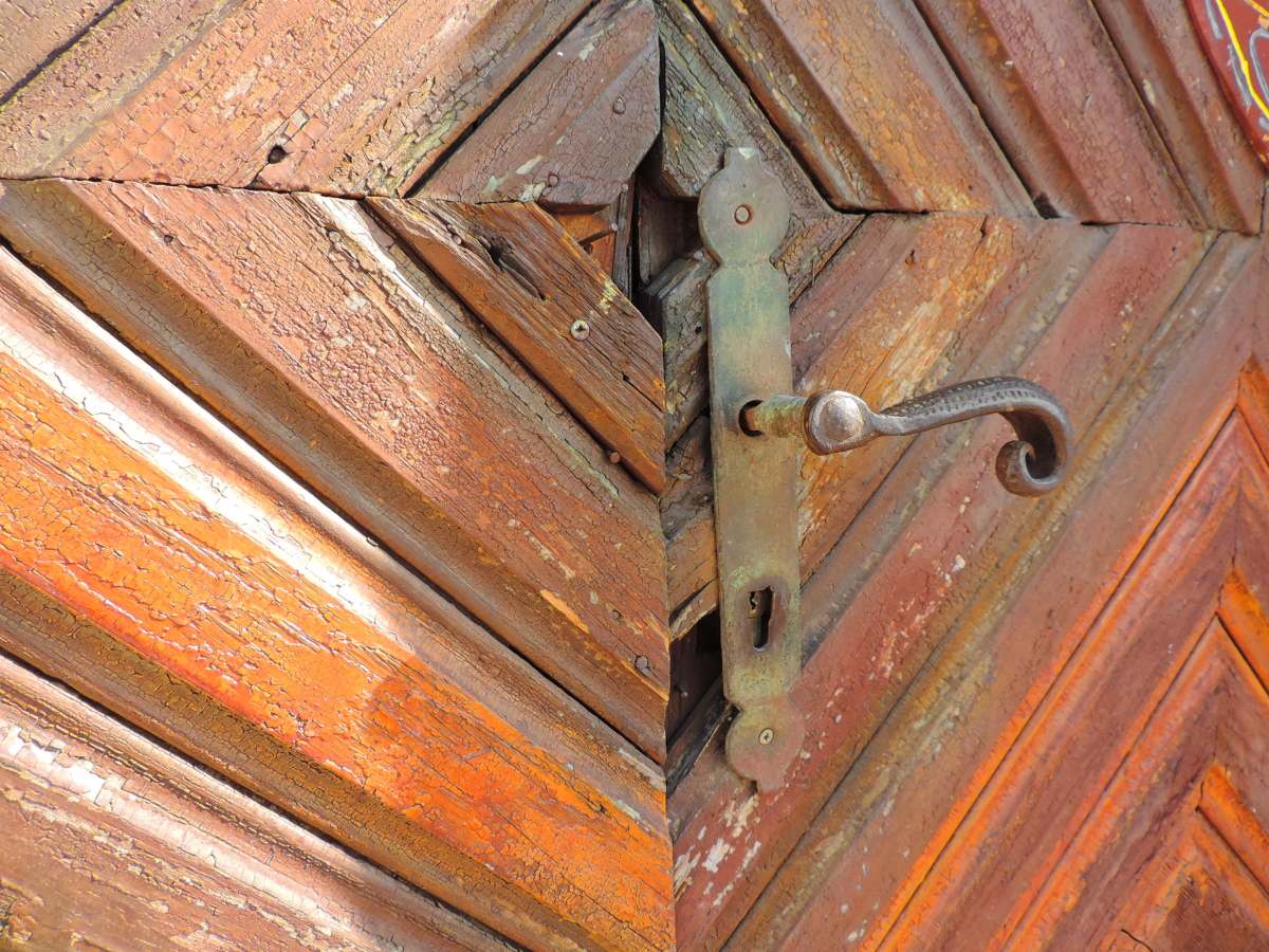ghisa, decorazione, porta d'ingresso, fatto a mano, legno duro, serratura, in legno, porta