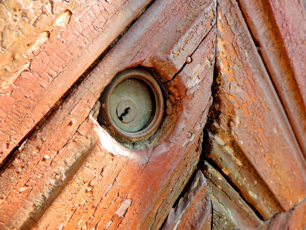 abandonado, buraco da fechadura, velho, porta, dispositivo, elemento de fixação, textura, madeira