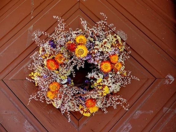 handmade flower wreath, carpentry, colorful, decoration, front door, flower, color, food