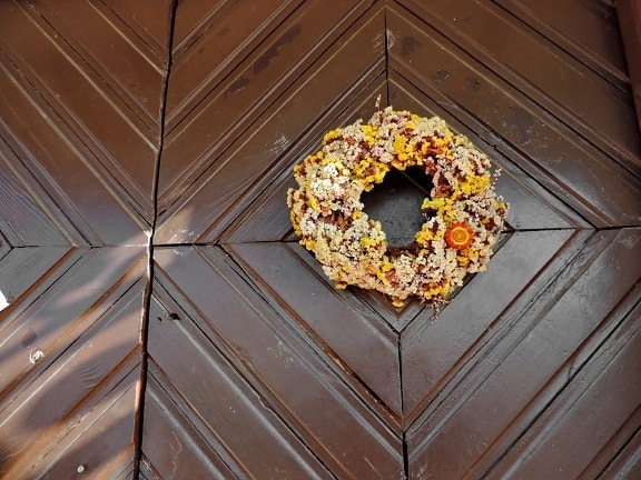 handmade flower wreath, decoration, front door, wood, dark, design, dry, color