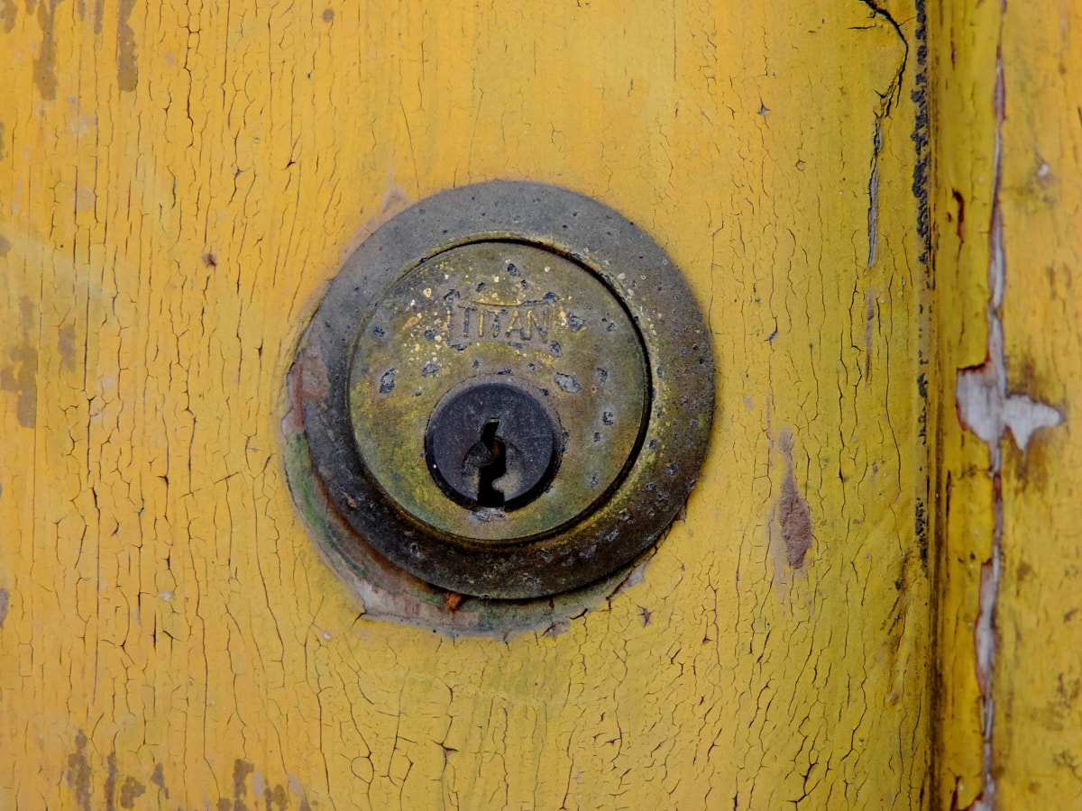 dziurka od klucza, otwór, drzwi, blokada, stary, rdza, ściana, brudne