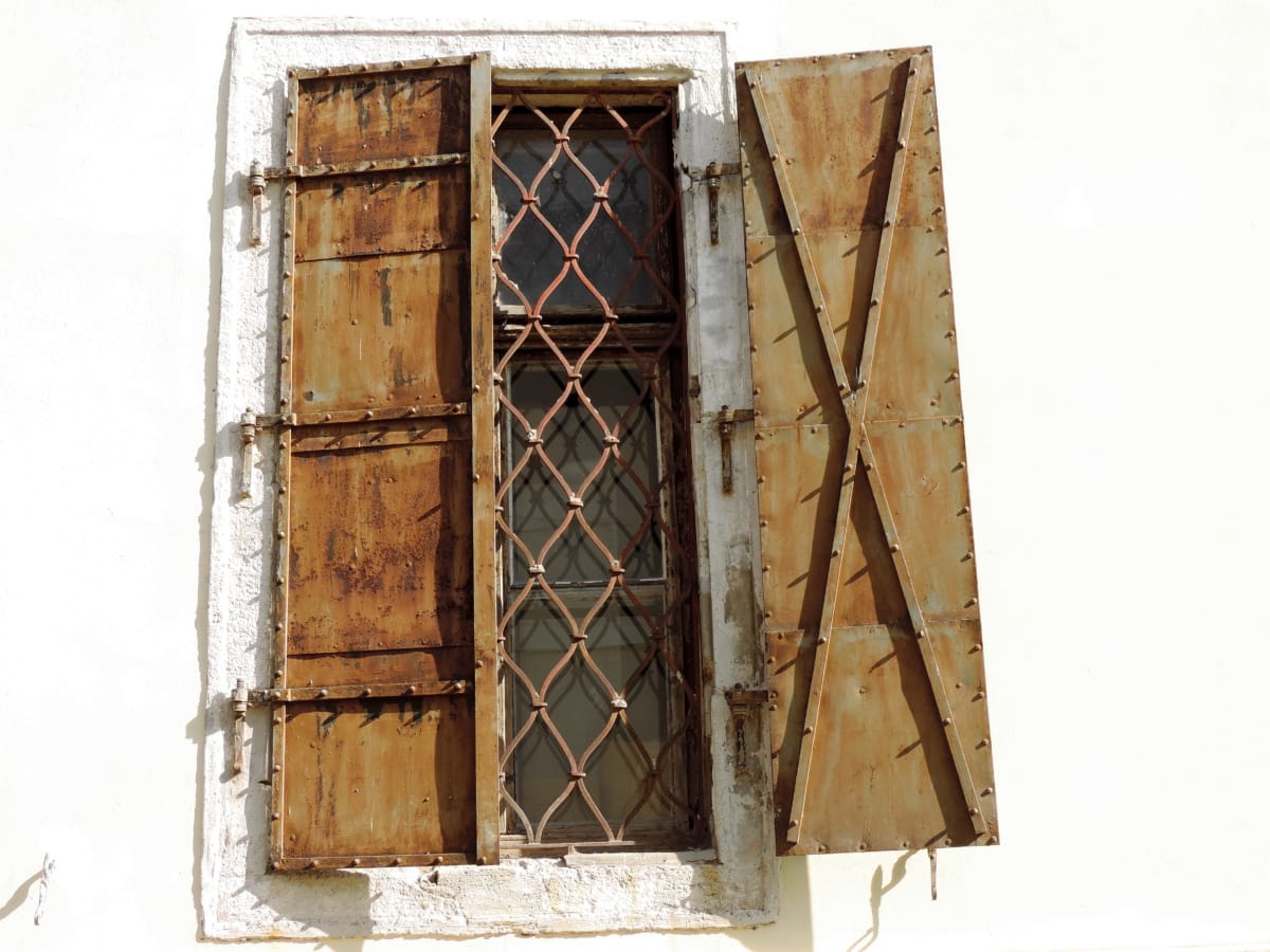 Χυτοσίδηρος, παράθυρο, τοίχου, ξύλο, αρχιτεκτονική, σπίτι, παλιά, κτίριο