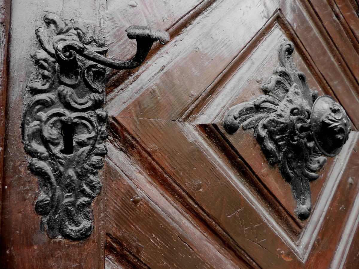 barokk, bejárati ajtó, szobrászat, ajtó, eszköz, fa, régi, bejárat