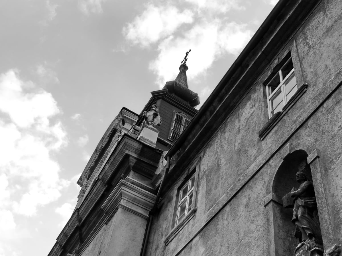 black and white, catholic, christianity, church tower, building, architecture, cathedral, city