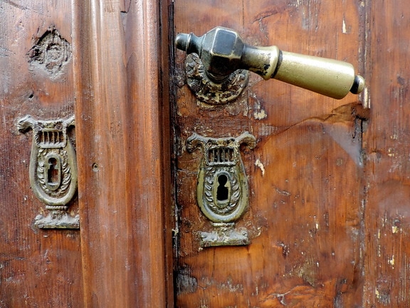 barokk, sárgaréz, bejárati ajtó, kulcslyuk, régi, eszköz, ajtó, fa