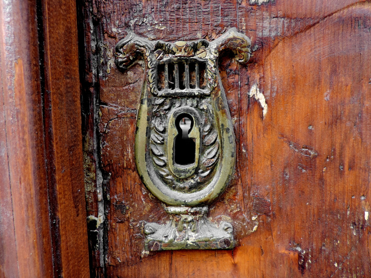 latón, puerta de entrada, hecho a mano, ojo de la cerradura, antiguo, puerta, antiguo, entrada