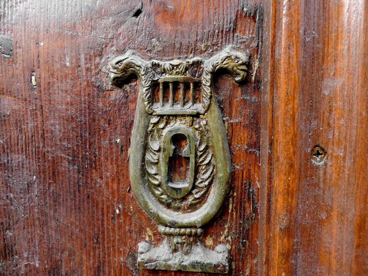 pintu depan, lama, besi, masuk, perangkat, pintu, kayu, Gerbang