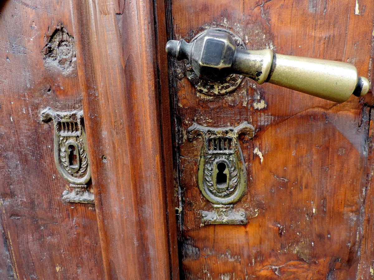 barokk, sárgaréz, bejárati ajtó, kézzel készített, fogantyú, régi, fa, kulcslyuk