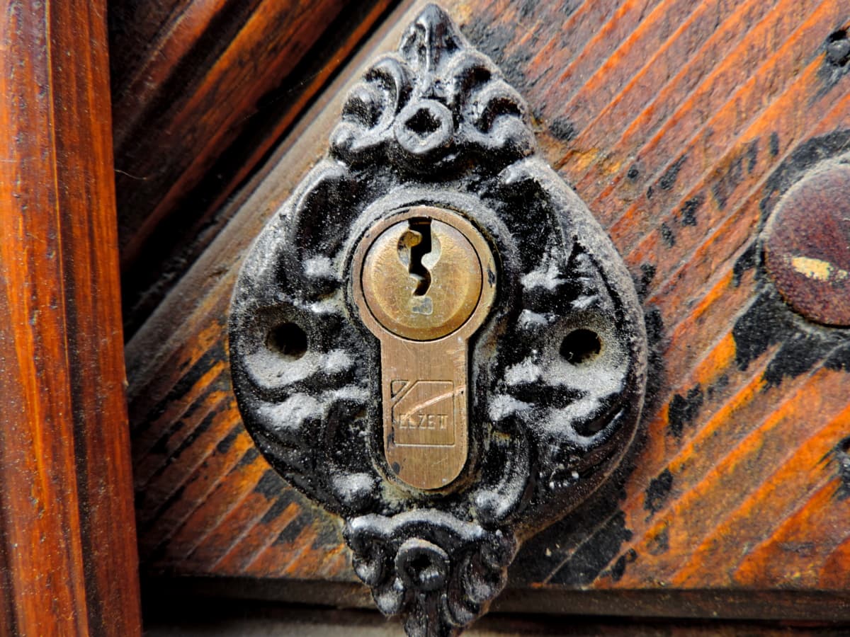 Barok, besi cor, detail, rincian, pintu depan, lubang kunci, pintu, lubang