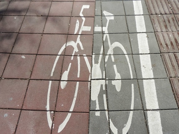 andare in bicicletta, segno, trama, mattonelle, marciapiede, marciapiede, parete, urbano