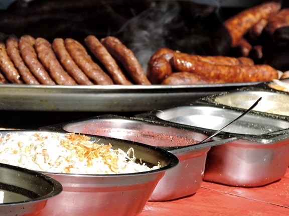 barbecue, fast food, sausage, food, pan, cooking, hot, meal