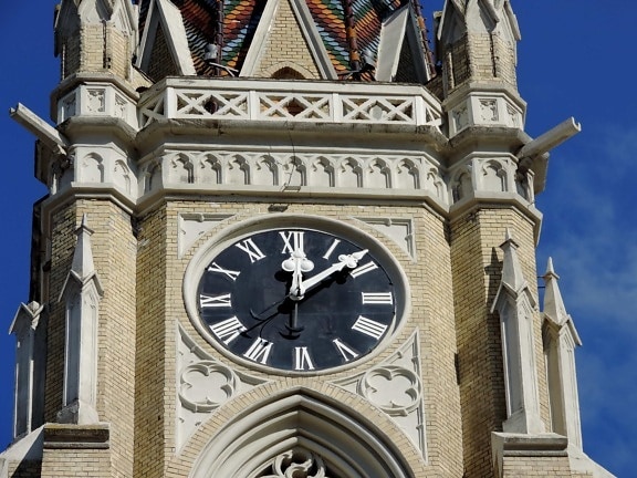analog clock, cathedral, catholic, church tower, Gothic, landmark, architecture, tower