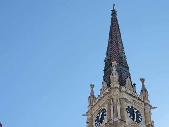 blauer Himmel, katholische, Kirchturm, Turm, Verkleidung, Architektur, Uhr, Wahrzeichen