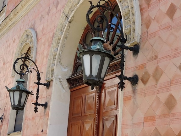 ferro fundido, porta da frente, lâmpada, arquitetura, edifício, velho, decoração, projeto