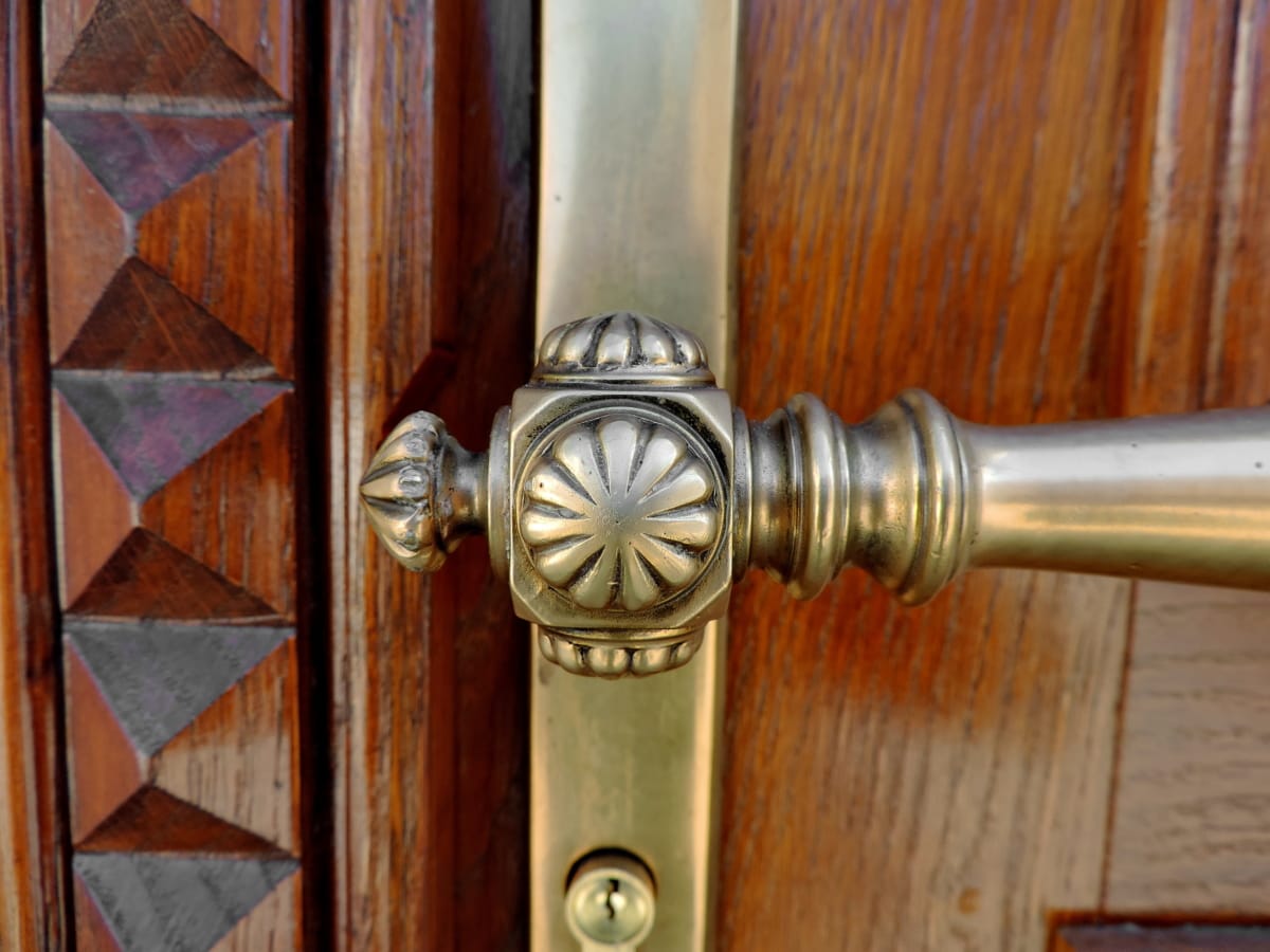latón, puerta de entrada, hecho a mano, ojo de la cerradura, ornamento de, madera, antiguo, mango