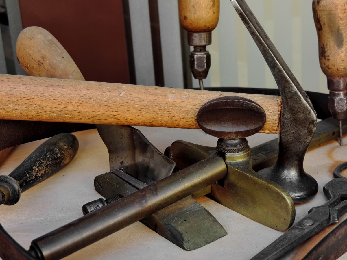 liatina, nástroj ruka, nožnice, kladivo, drevo, staré, nástroj, antický