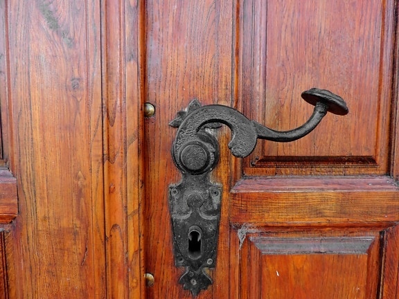 bejárati ajtó, kulcslyuk, régi, fogás, eszköz, kilincs, zár, ajtó