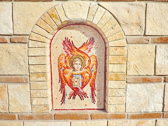 Ангел, огън, стена, плочки, архитектура, стар, камък, религия