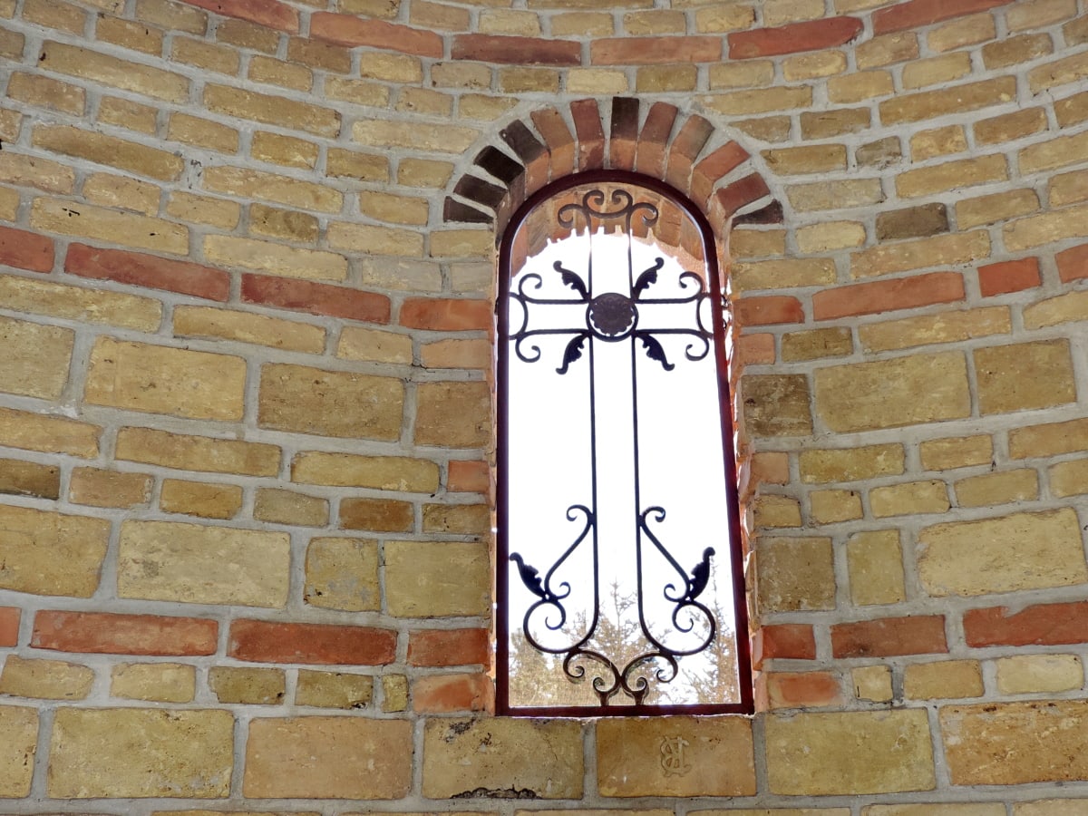 Βυζαντινή, παράθυρο, αρχιτεκτονική, κτίριο, παλιά, τοίχου, τούβλο, εξωτερικό
