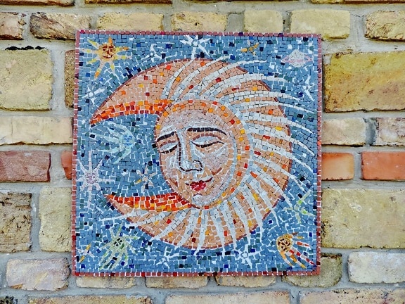 artistic, moon, mosaic, brick, wall, old, pattern, texture