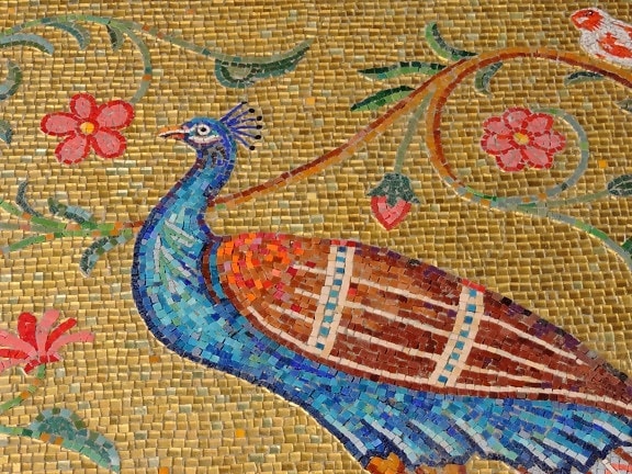 kunst, fugle, farverige, blomster, mosaik, mønster, gamle, design