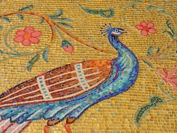 beautiful flowers, bird, colorful, creativity, fine arts, peacock, visuals, mosaic