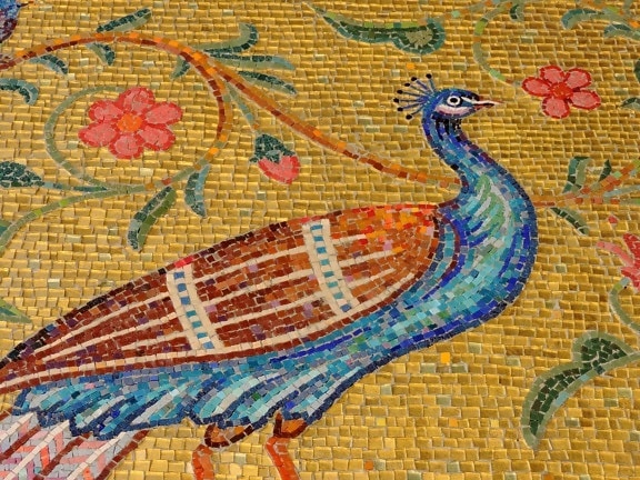 antiguidade, projeto, flor em botão, pavão, símbolo, mosaico, arte, padrão