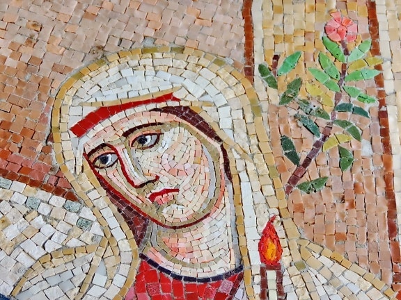 candlelight, face, flower bud, mosaic, prayer, veil, woman, ancient