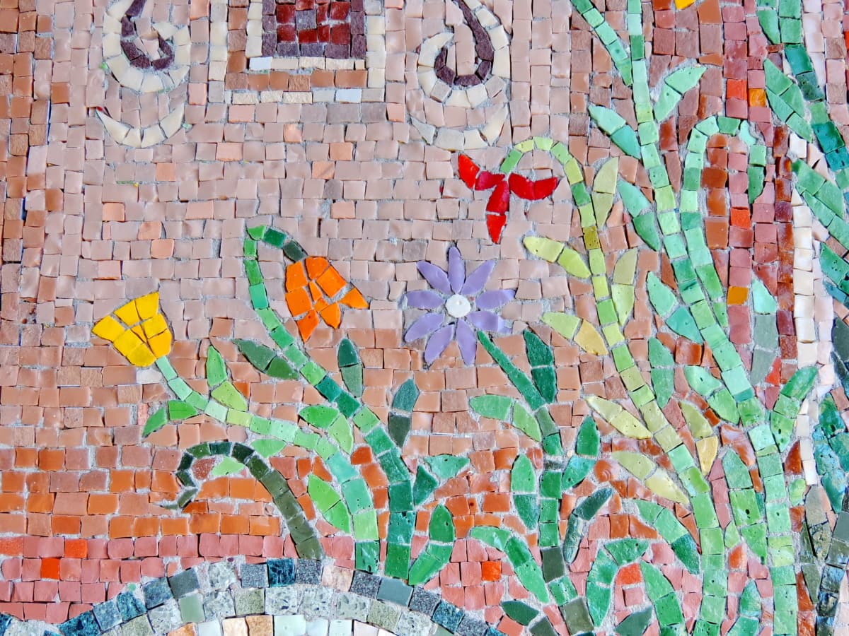 flores, hecho a mano, mosaico de, pared, patrón de, diseño, arte, textura