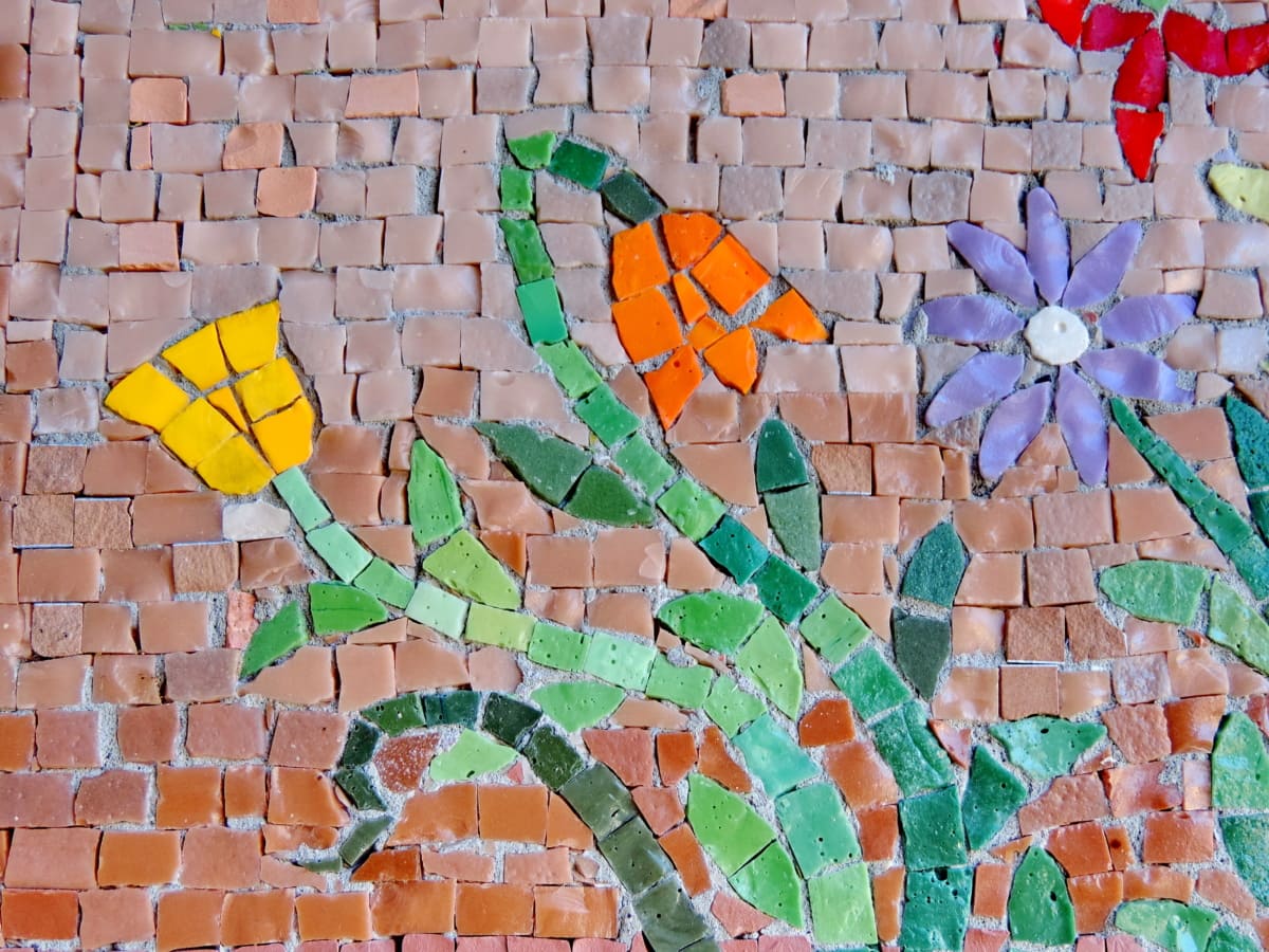 virágoskert, kézzel készített, mozaik, fal, textúra, tégla, absztrakt, design