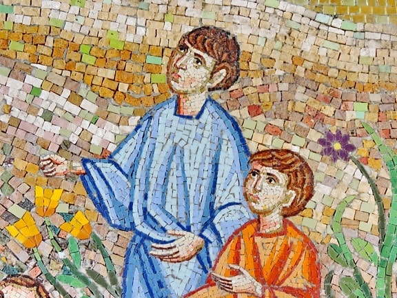 children, mosaic, portrait, art, wall, mural, old, culture