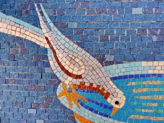 pájaro, fuente, pared, mosaico de, ladrillo, diseño, arquitectura, patrón de